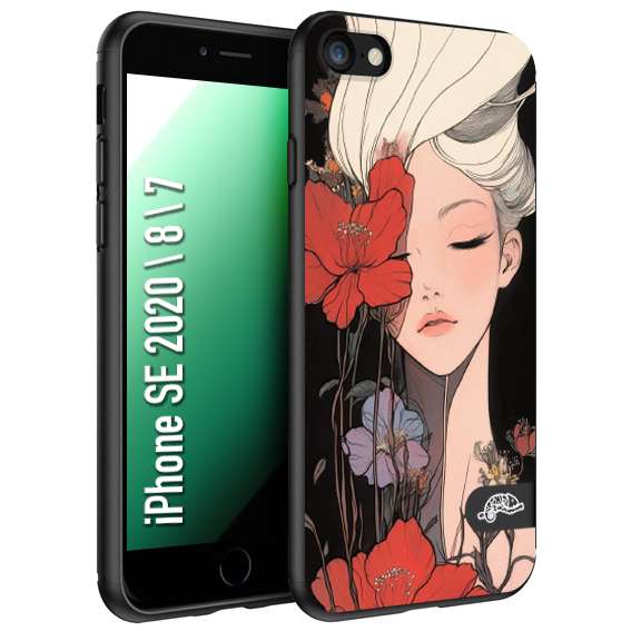 CUSTOMIZZA - Custodia cover nera morbida in tpu compatibile per iPhone 7 - 8 - SE 2020 / 2022 woman flower Fantasia Floreale Design Donna e Fiori, Retro Artistico