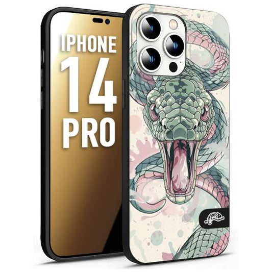 CUSTOMIZZA - Custodia cover nera morbida in tpu compatibile per iPhone 14 PRO snake pink green serpente tatuaggio tattoo disegnato a mano
