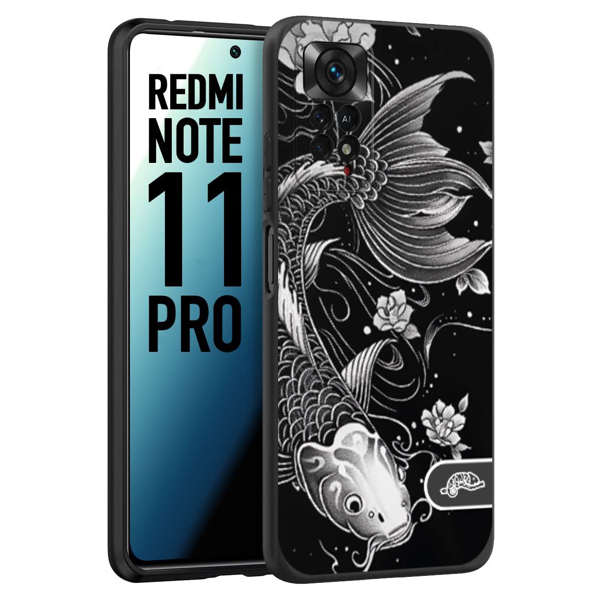 CUSTOMIZZA - Custodia cover nera morbida in tpu compatibile per Xiaomi Redmi Note 11 PRO carpa koi black and white bianco a rilievo disegnato tattoo tatuaggio