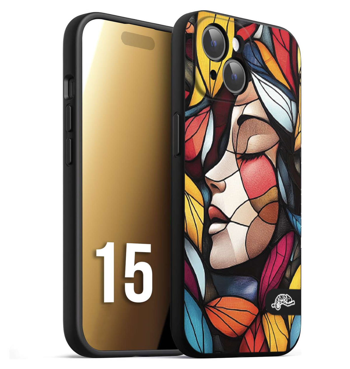 CUSTOMIZZA - Custodia cover nera morbida in tpu compatibile per iPhone 15 Vetrata artistica volto di donna profilo fogliare mosaico di vetro colorato