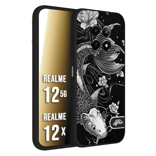 CUSTOMIZZA - Custodia cover nera morbida in tpu compatibile per Realme 12 5G - 12X carpa koi black and white bianco a rilievo disegnato tattoo tatuaggio