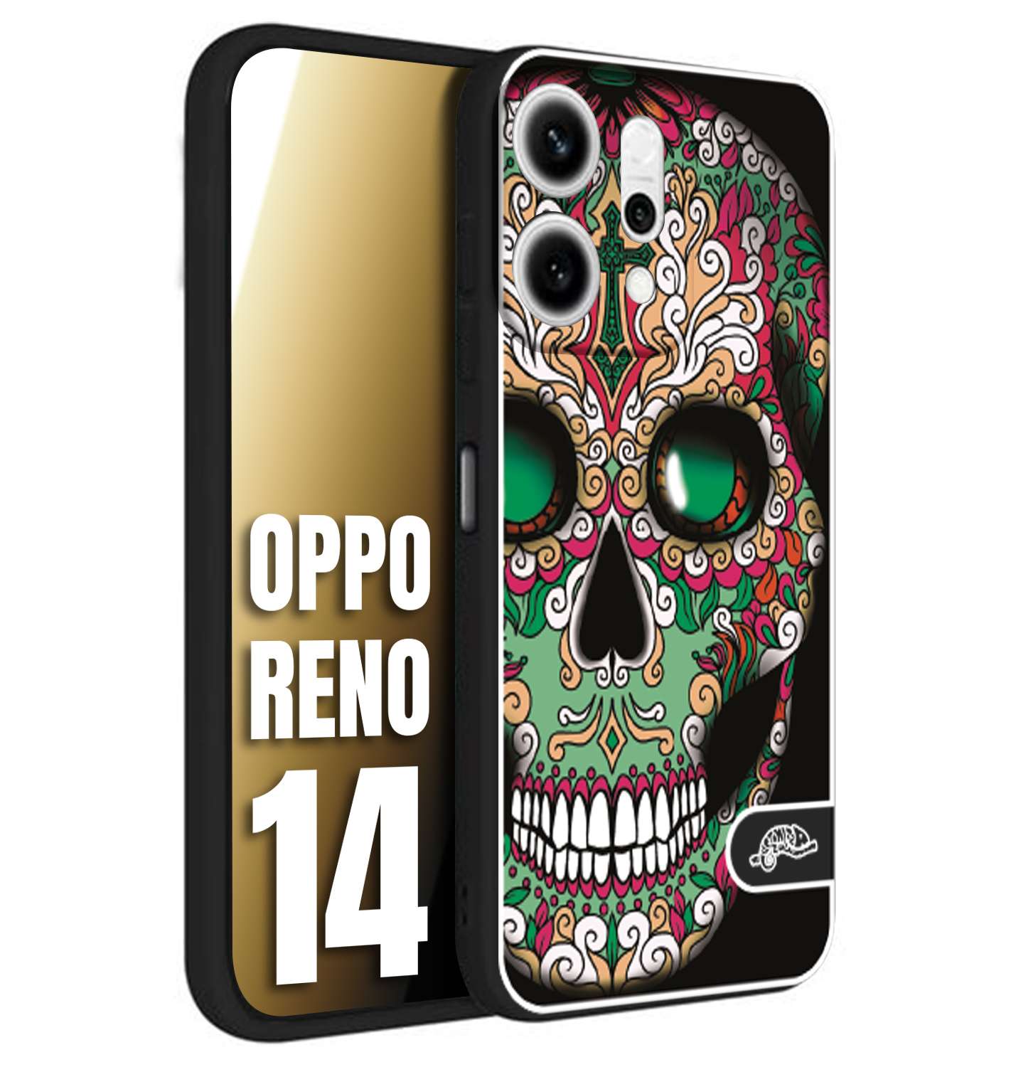 CUSTOMIZZA - Custodia cover nera morbida in tpu compatibile per Oppo Reno 14 teschio messicano Mexican skull verde fucsia
