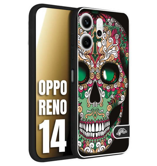 CUSTOMIZZA - Custodia cover nera morbida in tpu compatibile per Oppo Reno 14 teschio messicano Mexican skull verde fucsia