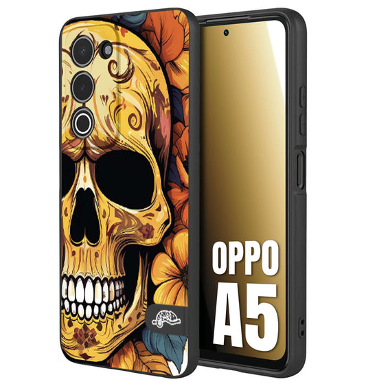 CUSTOMIZZA - Custodia cover nera morbida in tpu compatibile per Oppo A5 teschio messicano colorato dorato fiori autunnali disegnato