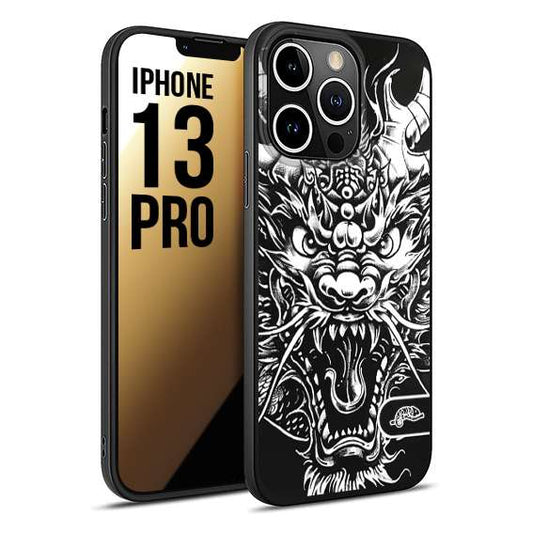 CUSTOMIZZA - Custodia cover nera morbida in tpu compatibile per iPhone 13 PRO drago black and white bianco a rilievo disegnato tattoo tatuaggio