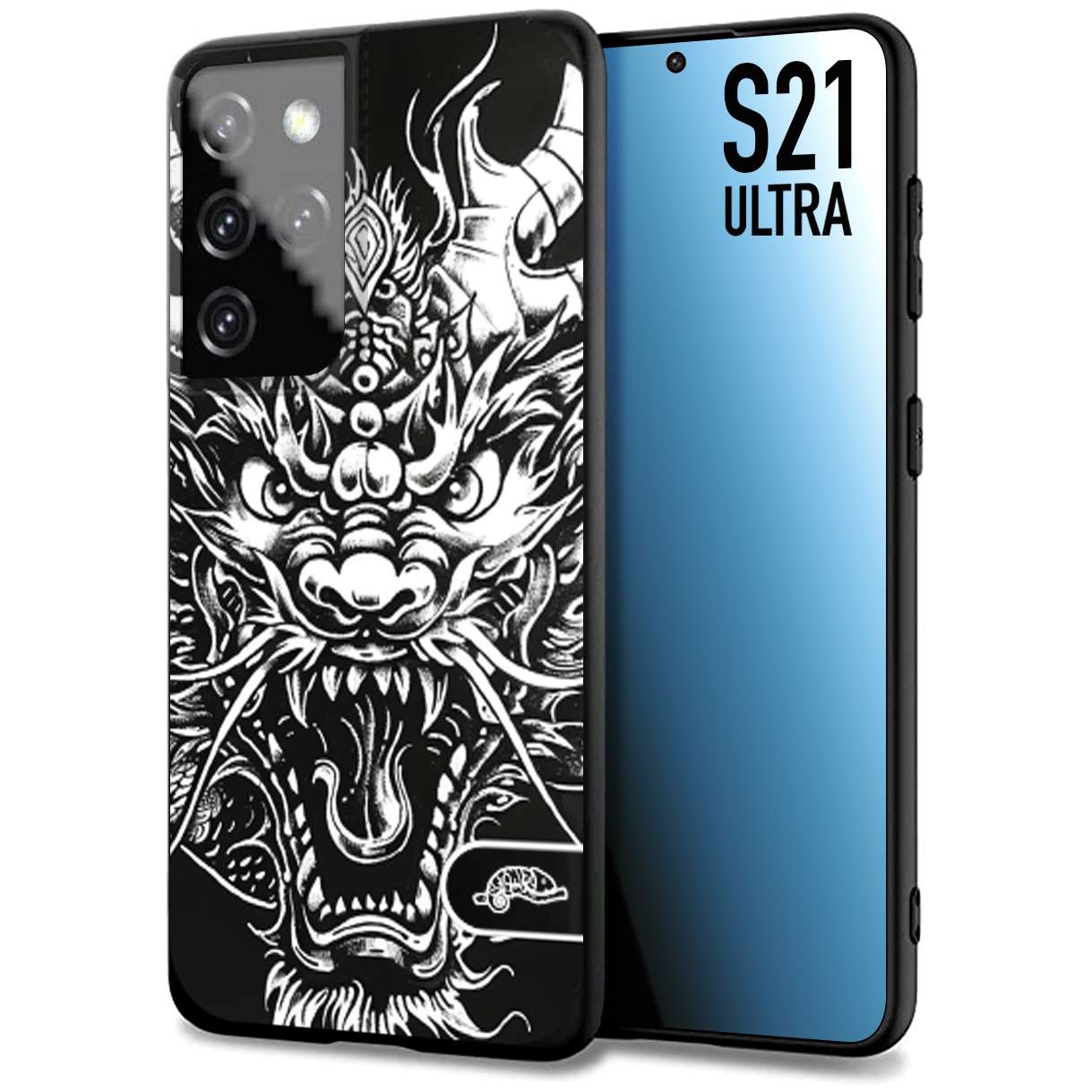 CUSTOMIZZA - Custodia cover nera morbida in tpu compatibile per Samsung S21 ULTRA drago black and white bianco a rilievo disegnato tattoo tatuaggio