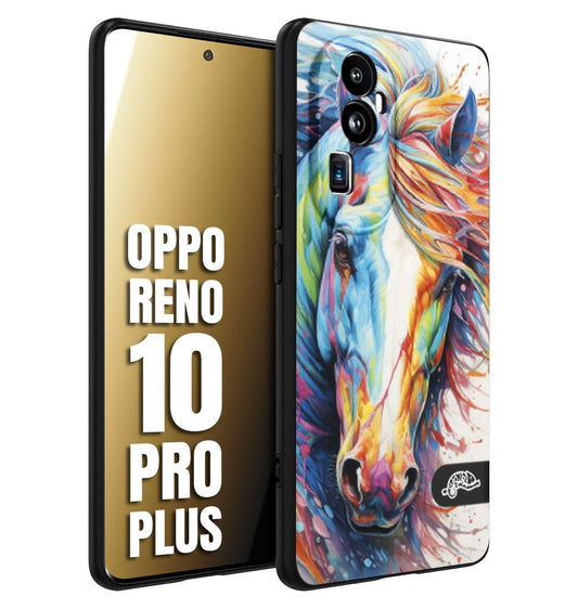 CUSTOMIZZA - Custodia cover nera morbida in tpu compatibile per Oppo Reno 10 PRO PLUS animali color cavallo horse viso colori vibranti disegnato schizzo