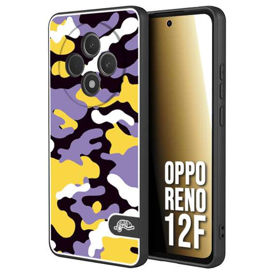 CUSTOMIZZA - Custodia cover nera morbida in tpu compatibile per Oppo Reno 12F camouflage mimetico militare viola lilla giallo