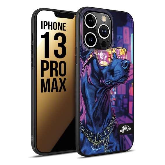 CUSTOMIZZA - Custodia cover nera morbida in tpu compatibile per iPhone 13 PRO MAX animali cyberpunk dobermann cane street dog fucsia blu night