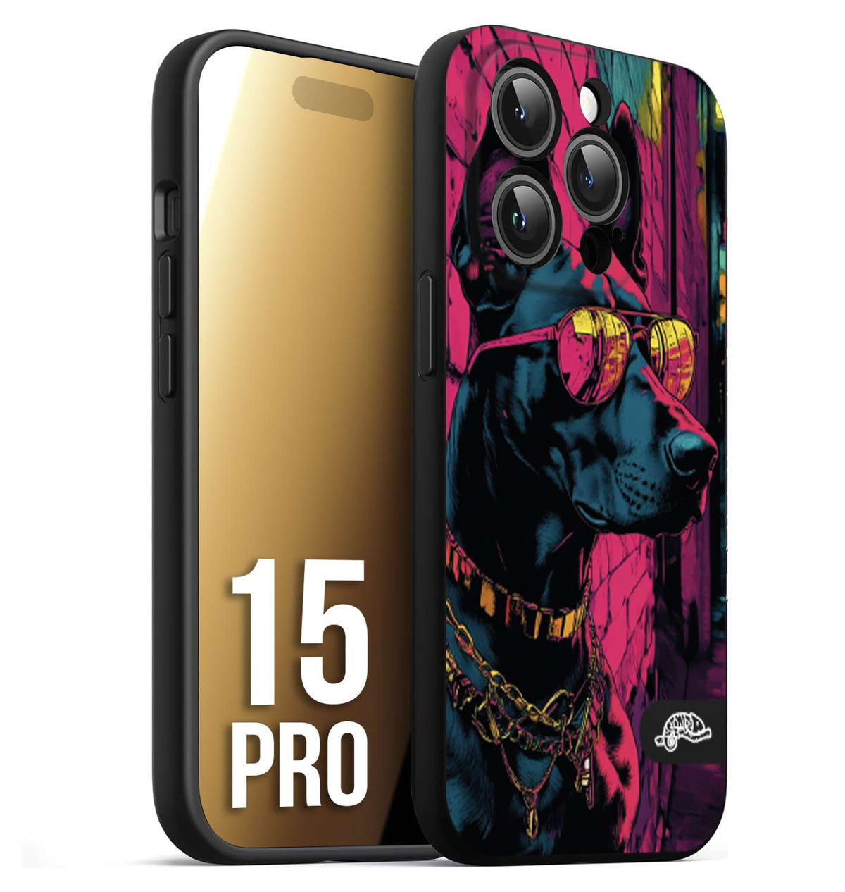 CUSTOMIZZA - Custodia cover nera morbida in tpu compatibile per iPhone 15 PRO animali cyberpunk dobermann cane street dog fucsia blu