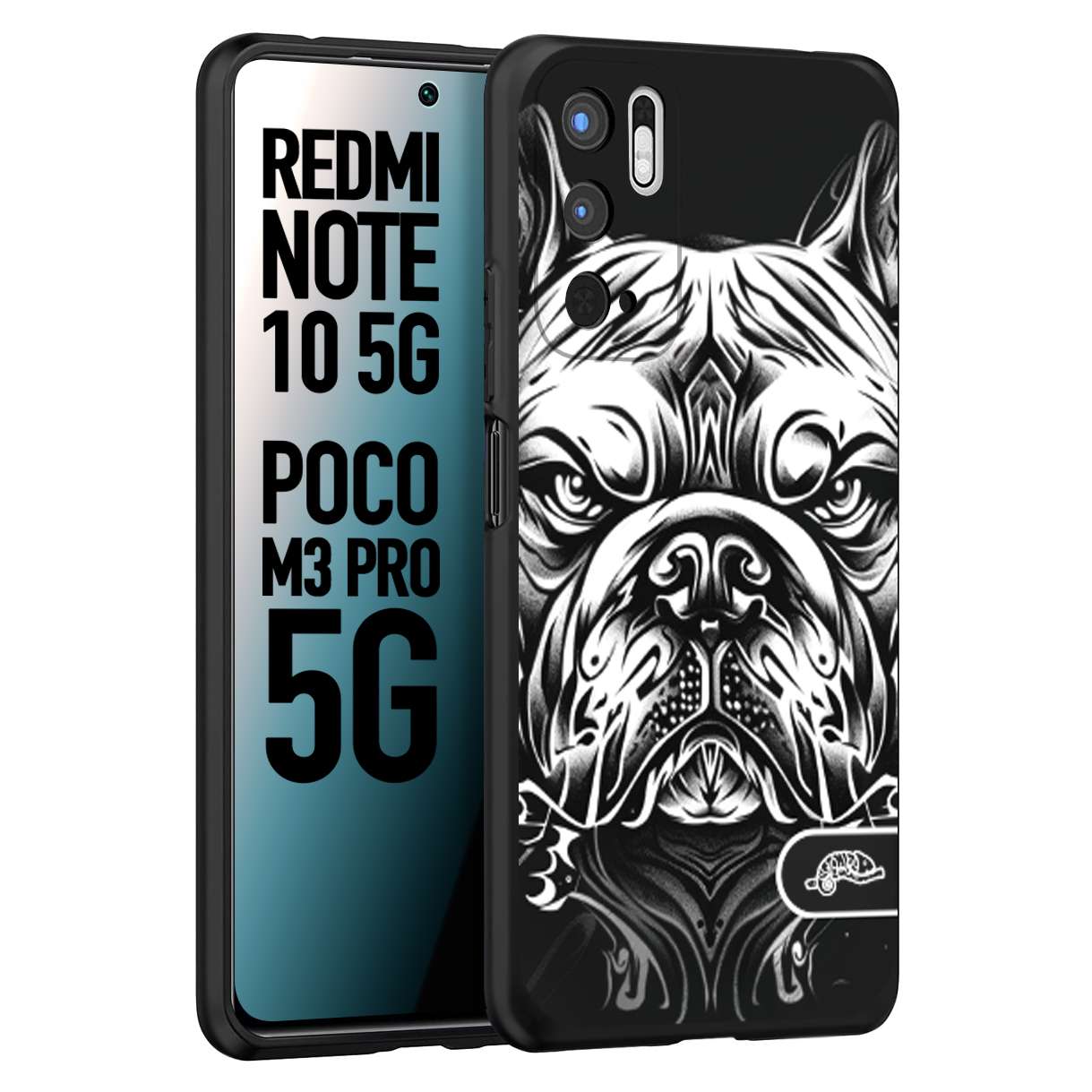 CUSTOMIZZA - Custodia cover nera morbida in tpu compatibile per Xiaomi Redmi Note 10 5G - Poco M3 Pro 5G bulldog bianco a rilievo disegnato tattoo tatuaggio