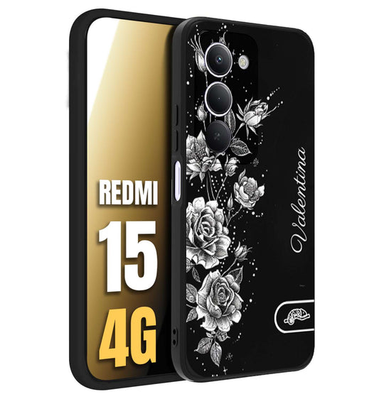 CUSTOMIZZA - Custodia cover nera morbida in tpu compatibile per Xiaomi Redmi 15 4G personalizzata rilievo soft touch nome rose fiori donna