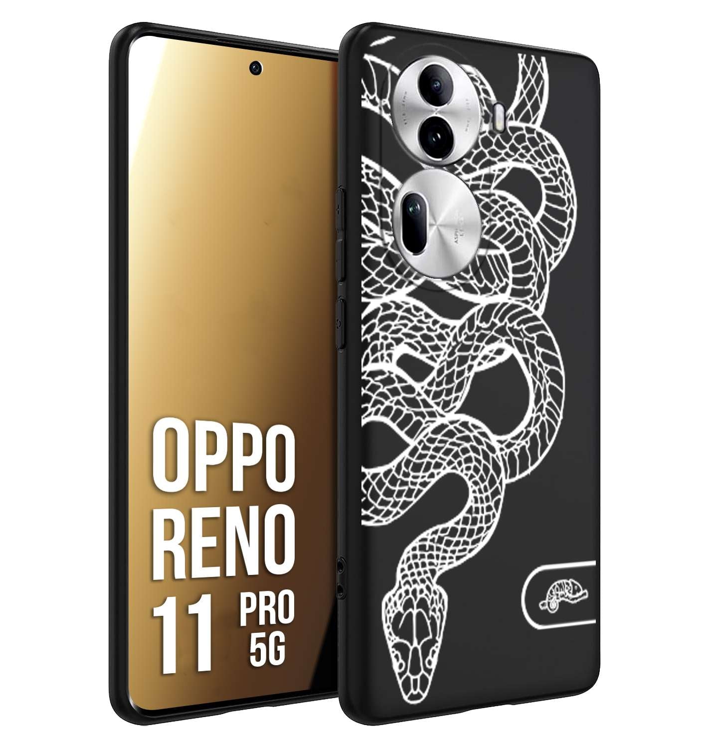 CUSTOMIZZA - Custodia cover nera morbida in tpu compatibile per Oppo Reno 11 PRO 5G serpente snake bianco a rilievo disegnato tattoo tatuaggio