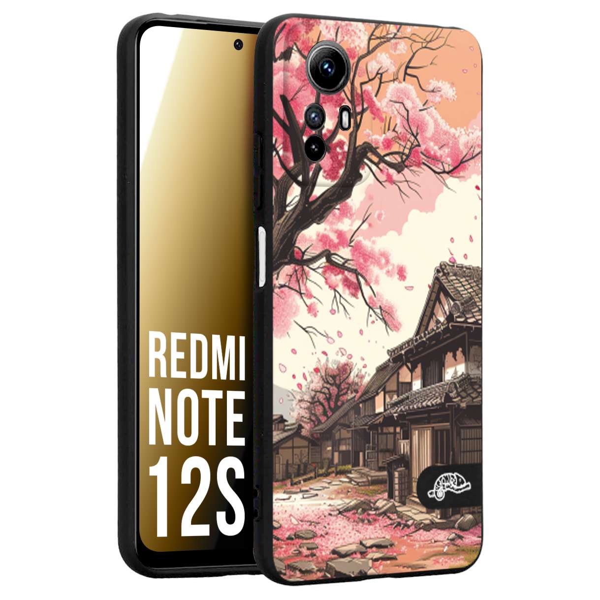 CUSTOMIZZA - Custodia cover nera morbida in tpu compatibile per Xiaomi Redmi Note 12S casa giapponese rosa ciliegio in fiore disegnata tattoo