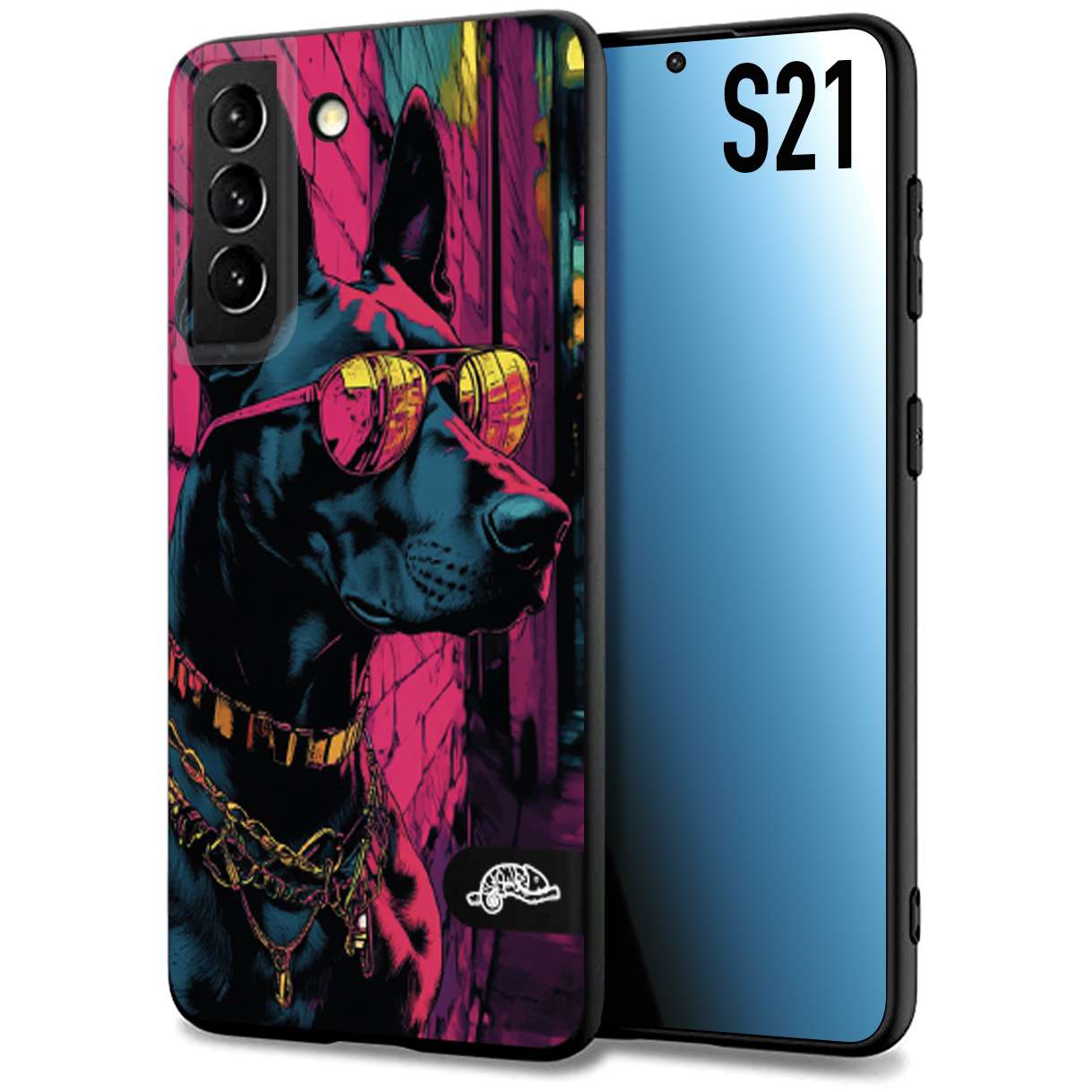 CUSTOMIZZA - Custodia cover nera morbida in tpu compatibile per Samsung S21 animali cyberpunk dobermann cane street dog fucsia blu