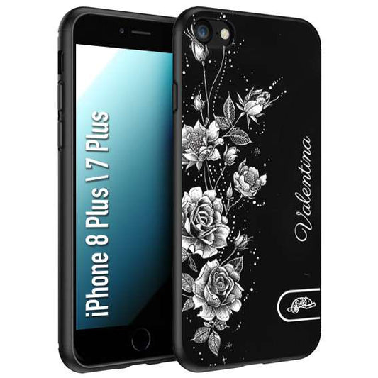 CUSTOMIZZA - Custodia cover nera morbida in tpu compatibile per iPhone 7 Plus - 8 plus a rilievo soft touch personalizzata nome rose fiori donna