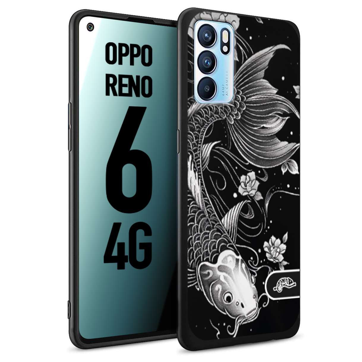 CUSTOMIZZA - Custodia cover nera morbida in tpu compatibile per Oppo Reno 6 4G carpa koi black and white bianco a rilievo disegnato tattoo tatuaggio