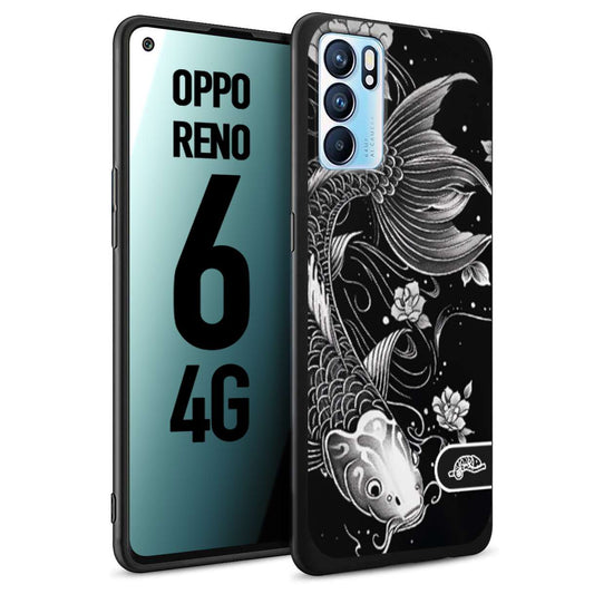 CUSTOMIZZA - Custodia cover nera morbida in tpu compatibile per Oppo Reno 6 4G carpa koi black and white bianco a rilievo disegnato tattoo tatuaggio