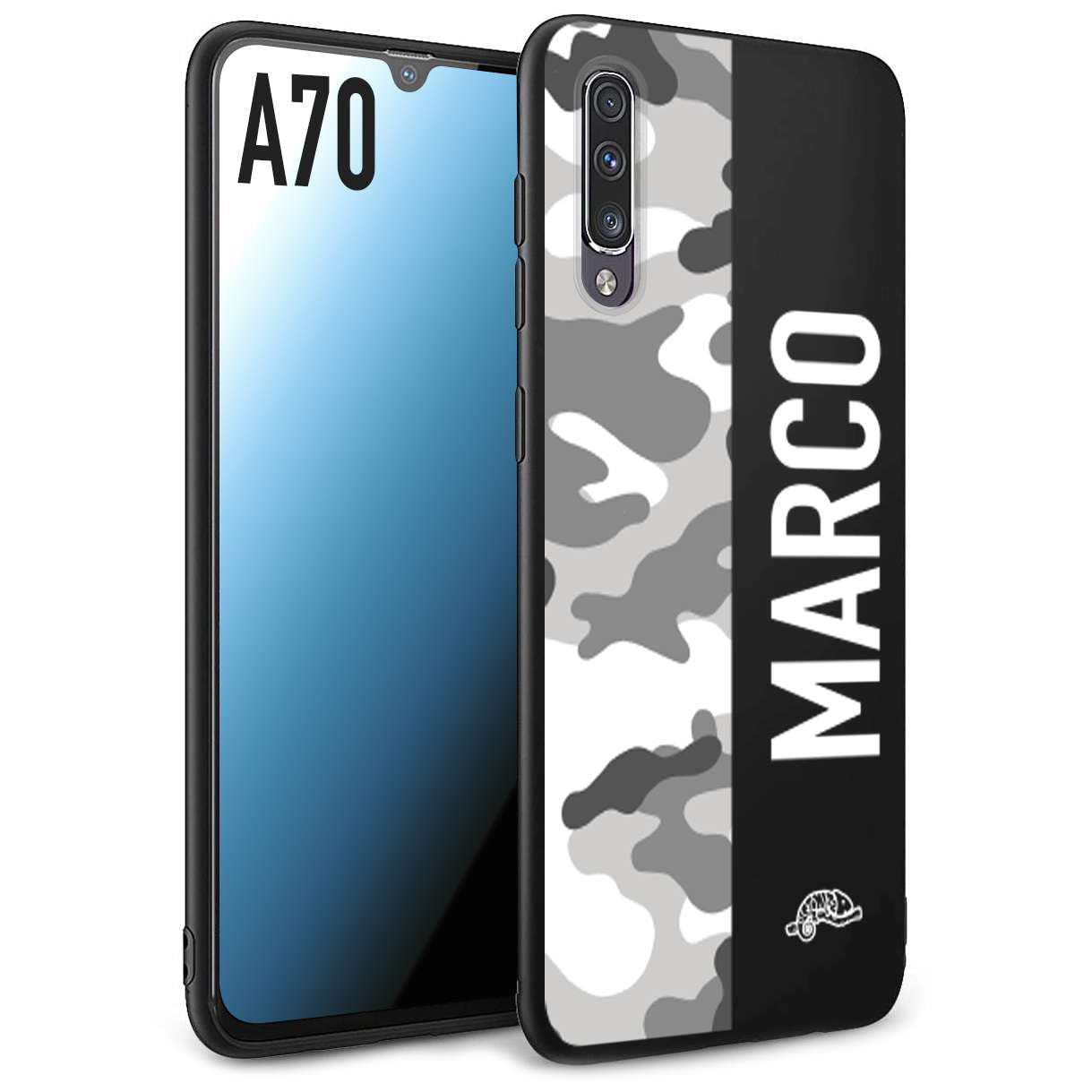 CUSTOMIZZA - Custodia cover nera morbida in tpu compatibile per Samsung A70 camouflage mimetico militare personalizzata nome bianco