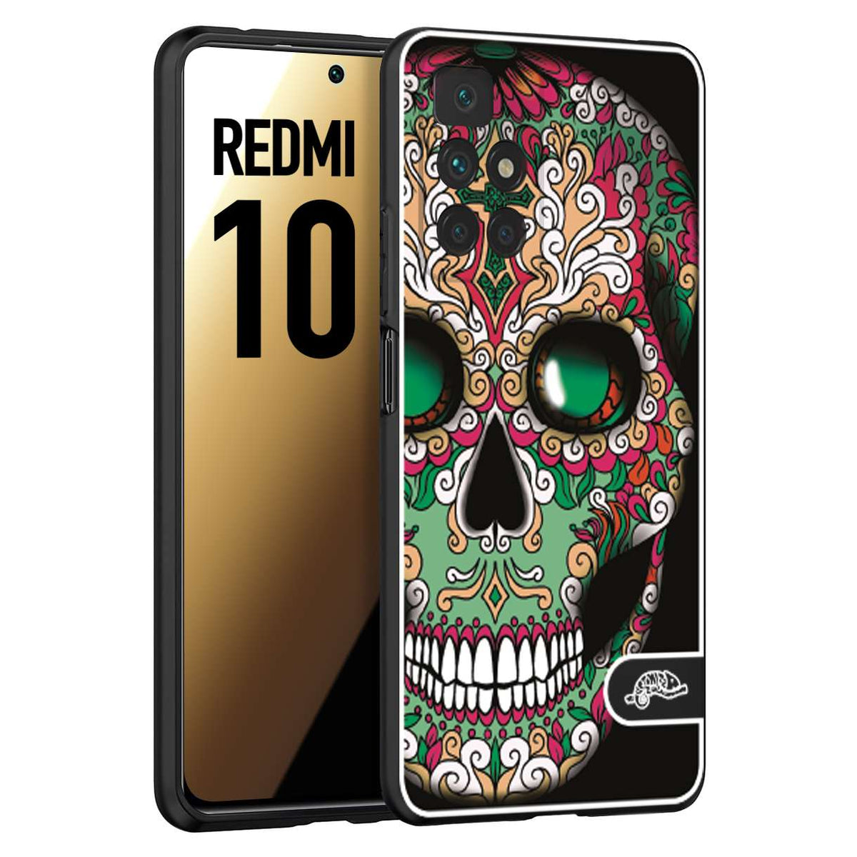 CUSTOMIZZA - Custodia cover nera morbida in tpu compatibile per Xiaomi Redmi 10 teschio messicano Mexican skull verde fucsia