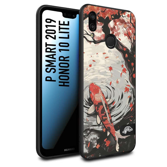 CUSTOMIZZA - Custodia cover nera morbida in tpu compatibile per Huawei P SMART 2019 giapponese lago carpa koi rossa con foglie d'acero rosso disegnata tattoo