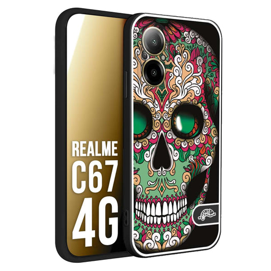 CUSTOMIZZA - Custodia cover nera morbida in tpu compatibile per Realme C67 4G teschio messicano Mexican skull verde fucsia