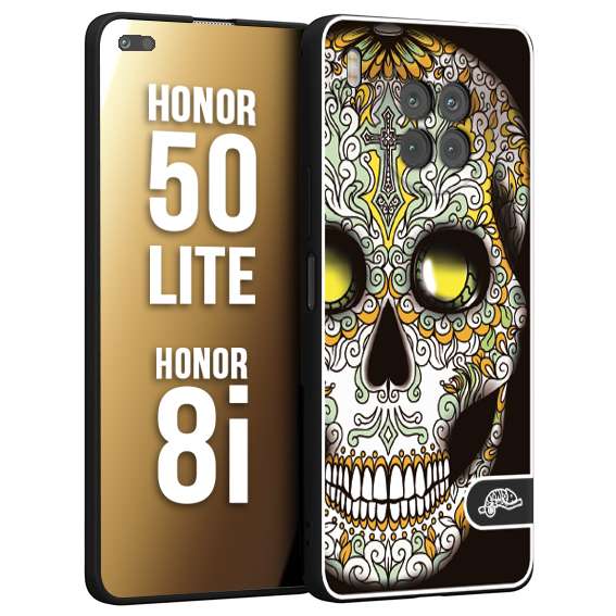 CUSTOMIZZA - Custodia cover nera morbida in tpu compatibile per Honor 8i - Honor 50 LITE teschio messicano Mexican skull bianco verde giallo