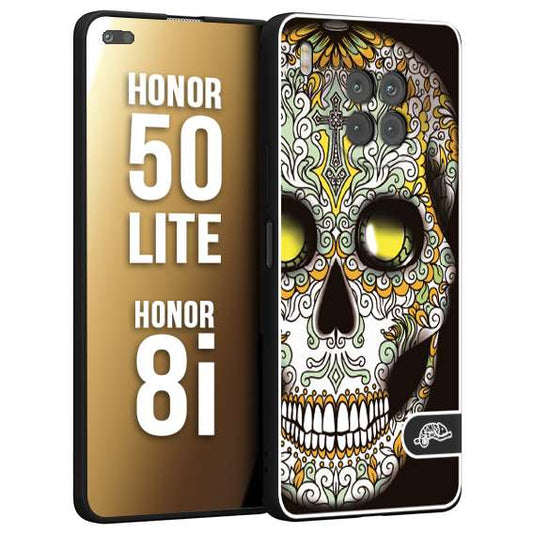 CUSTOMIZZA - Custodia cover nera morbida in tpu compatibile per Honor 8i - Honor 50 LITE teschio messicano Mexican skull bianco verde giallo