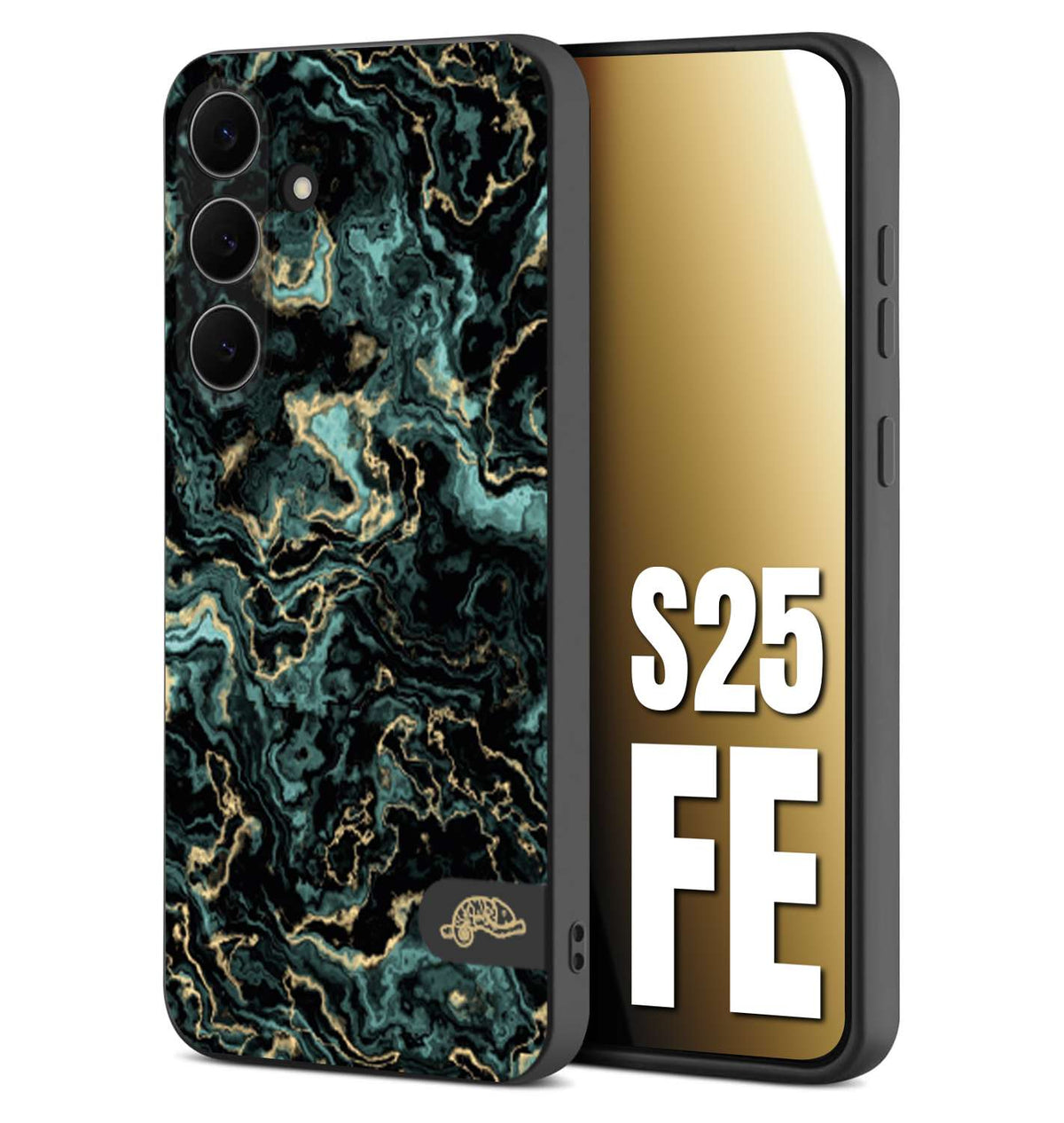 CUSTOMIZZA - Custodia cover nera morbida in tpu compatibile per Samsung S25 FE effetto marmo marble verde green venature dorato pietra