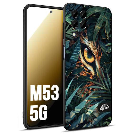 CUSTOMIZZA - Custodia cover nera morbida in tpu compatibile per Samsung M53 5G animali color giungla tropicale occhio di giaguaro felino disegnato