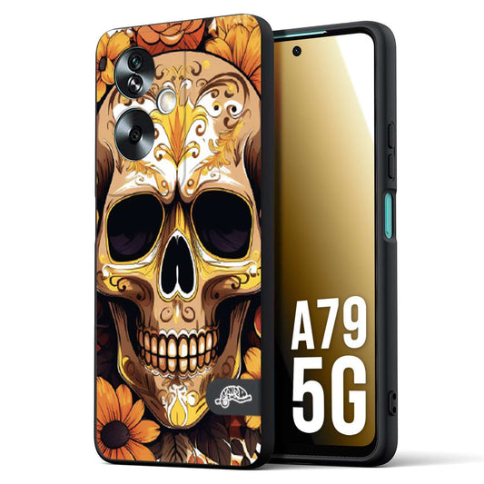 CUSTOMIZZA - Custodia cover nera morbida in tpu compatibile per Oppo A79 5G teschio messicano colorato dorato fiori tattoo disegnato