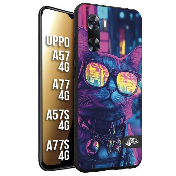 CUSTOMIZZA - Custodia cover nera morbida in tpu compatibile per Oppo A57 - A77 - A57S - A77S (4G) animali cyberpunk gatto street cat fucsia blu giallo