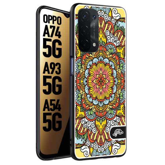 CUSTOMIZZA - Custodia cover nera morbida in tpu compatibile per Oppo A74 5G - A93 5G - A54 5G mandala colorato fiore nuvole arancione