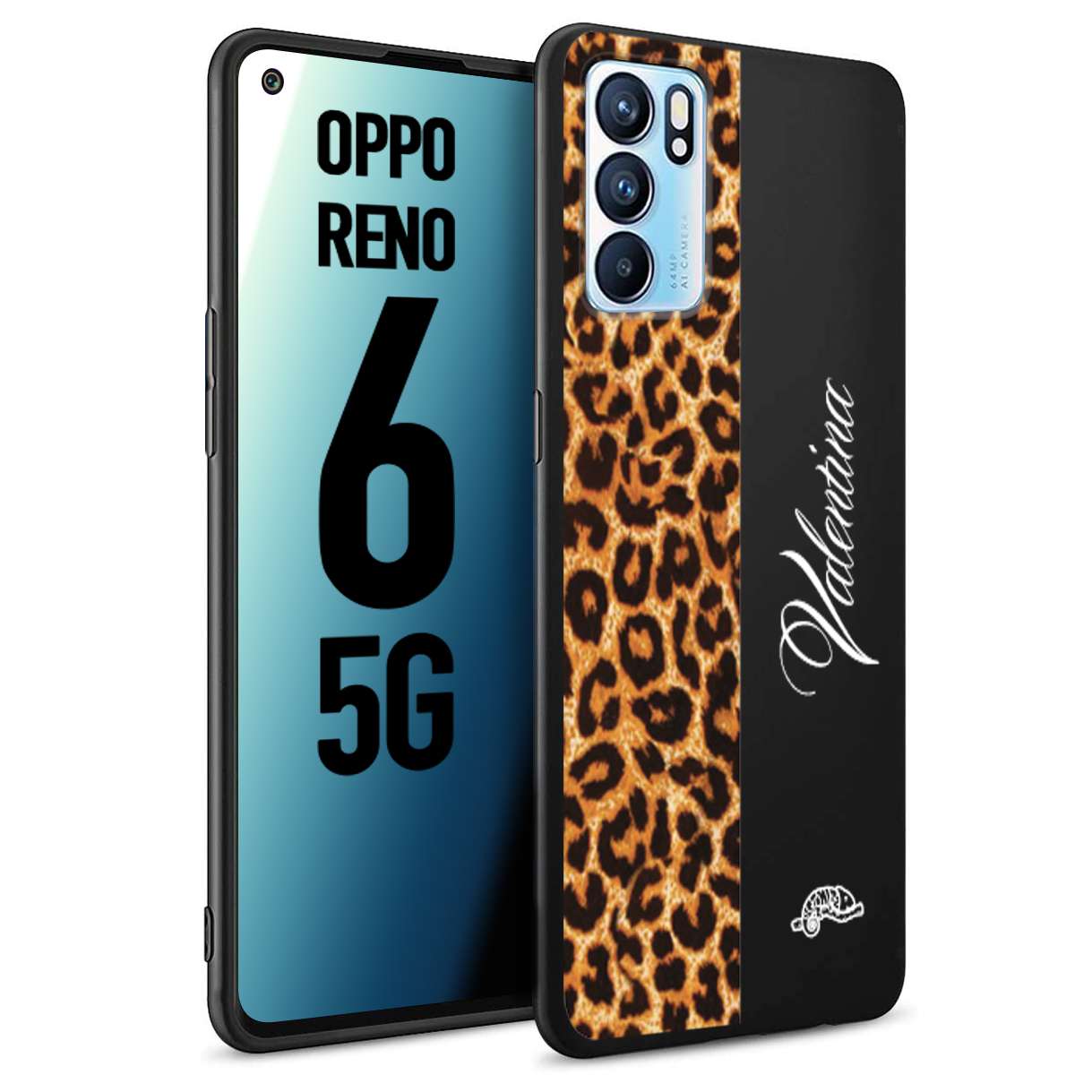 CUSTOMIZZA - Custodia cover nera morbida in tpu compatibile per Oppo Reno 6 5G custom nome scritta leopardato maculato donna marrone leopard