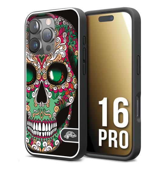 CUSTOMIZZA - Custodia cover nera morbida in tpu compatibile per iPhone 16 PRO teschio messicano Mexican skull verde fucsia