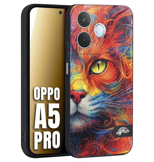 CUSTOMIZZA - Custodia cover nera morbida in tpu compatibile per Oppo A5 PRO animali color cat gatto viso colori vibranti disegnato schizzo