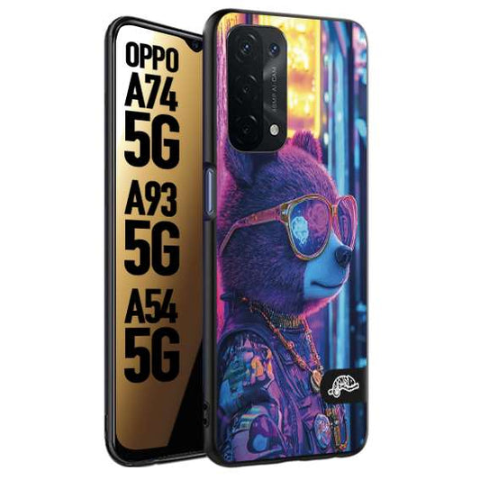 CUSTOMIZZA - Custodia cover nera morbida in tpu compatibile per Oppo A74 5G - A93 5G - A54 5G animali cyberpunk orsetto orso street bear fucsia blu night