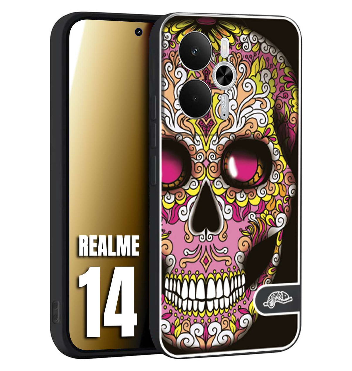 CUSTOMIZZA - Custodia cover nera morbida in tpu compatibile per Realme 14 5G teschio messicano Mexican skull rosa gialla