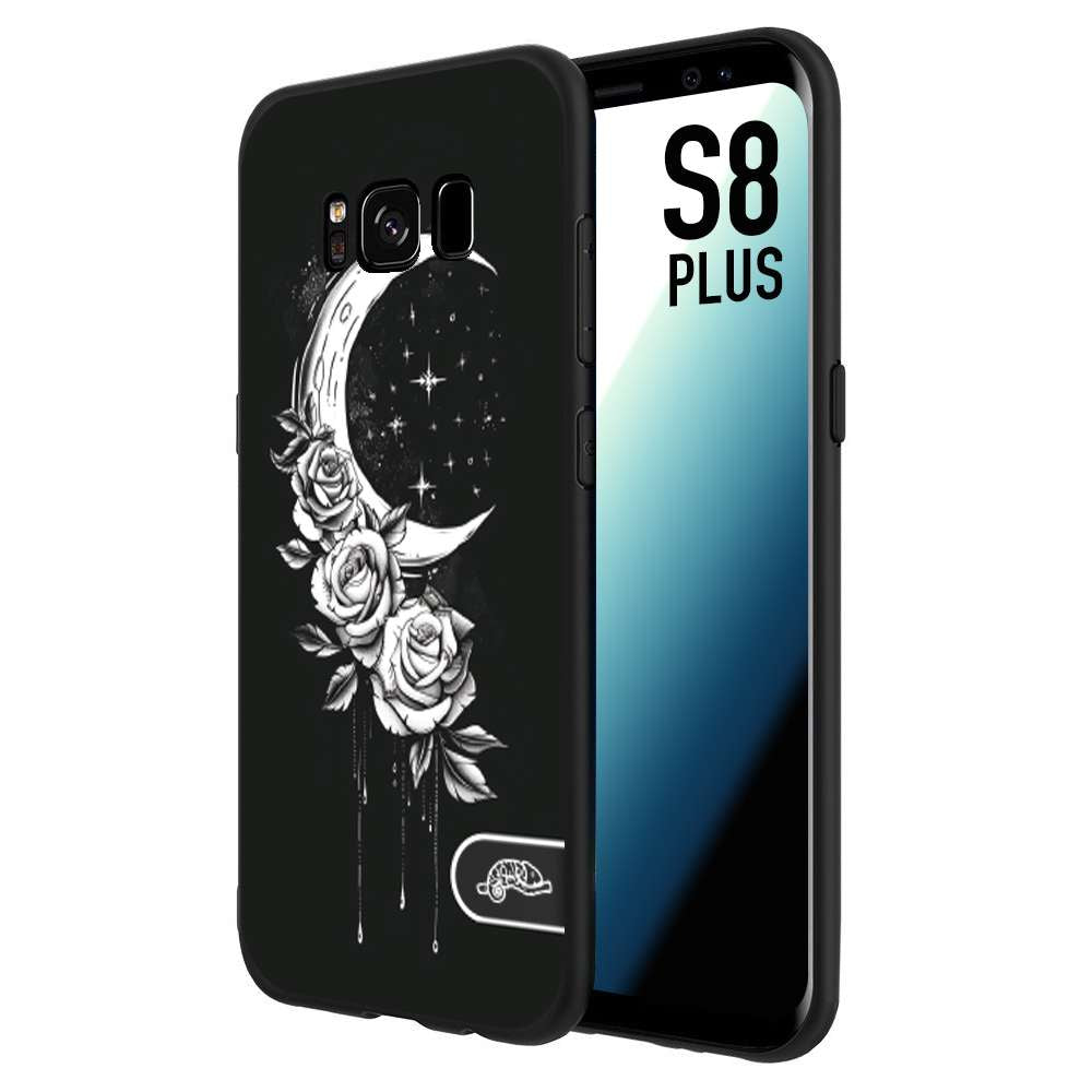 CUSTOMIZZA - Custodia cover nera morbida in tpu compatibile per Samsung S8 PLUS luna e fiori moon flowers black and white bianco a rilievo disegnato tattoo tatuaggio