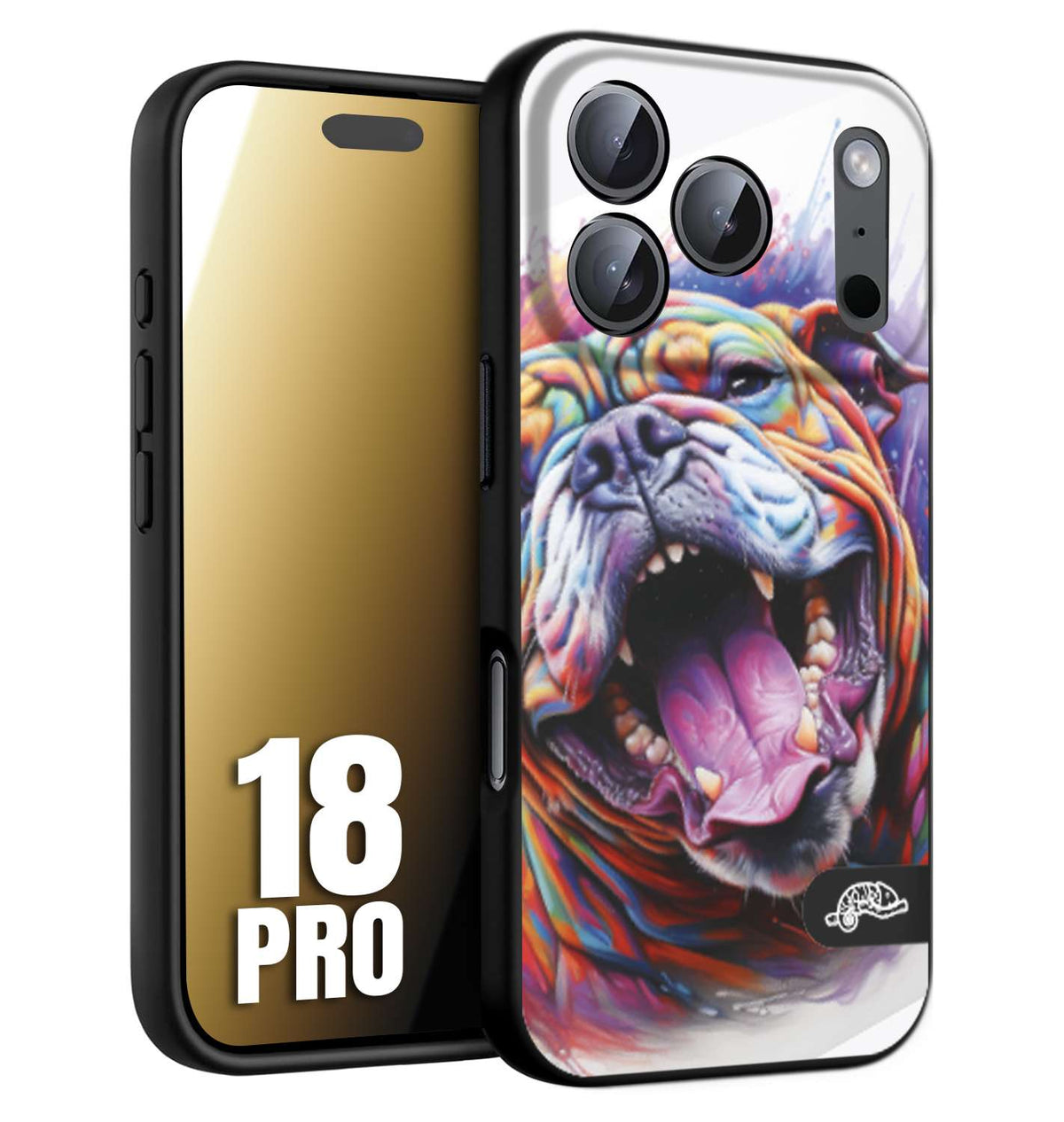 CUSTOMIZZA - Custodia cover nera morbida in tpu compatibile per iPhone 18 PRO animali color bulldog cane dog colori vibranti disegnato schizzo