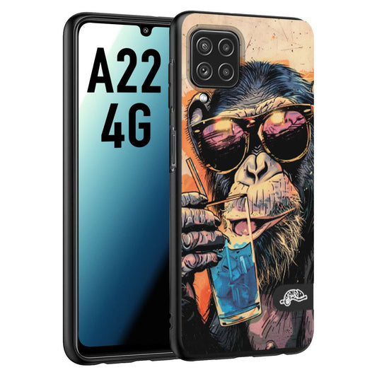 CUSTOMIZZA - Custodia cover nera morbida in tpu compatibile per Samsung A22 4G estate disegnata cocktails animali simpatici scimmia monkey negroni