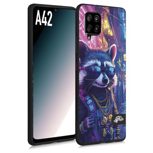 CUSTOMIZZA - Custodia cover nera morbida in tpu compatibile per Samsung A42 animali simpatici cyberpunk procione racoon street cat fucsia blu giallo