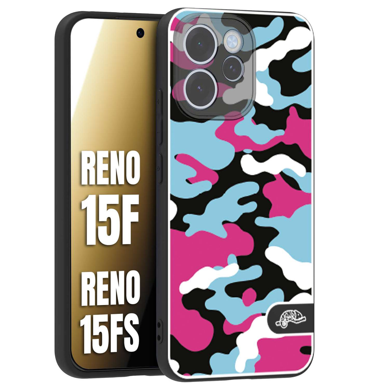 CUSTOMIZZA - Custodia cover nera morbida in tpu compatibile per Oppo Reno 15 F - Reno 15 FS camouflage mimetico militare fucsia celeste
