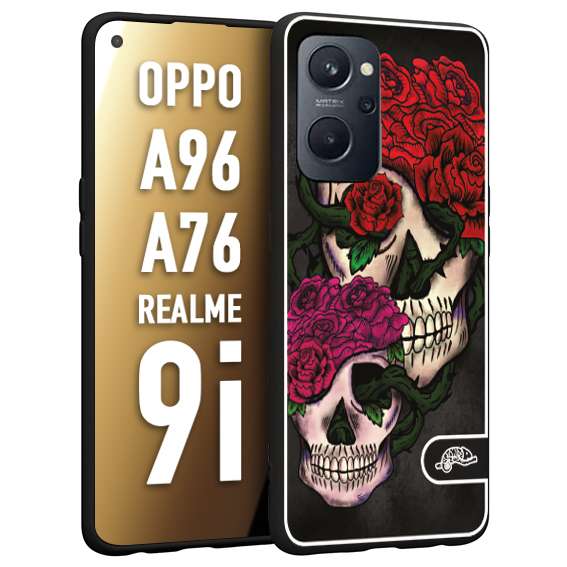 CUSTOMIZZA - Custodia cover nera morbida in tpu compatibile per Oppo Realme 9i - A96 - A76 teschi e rose rosse fucsia skull and roses