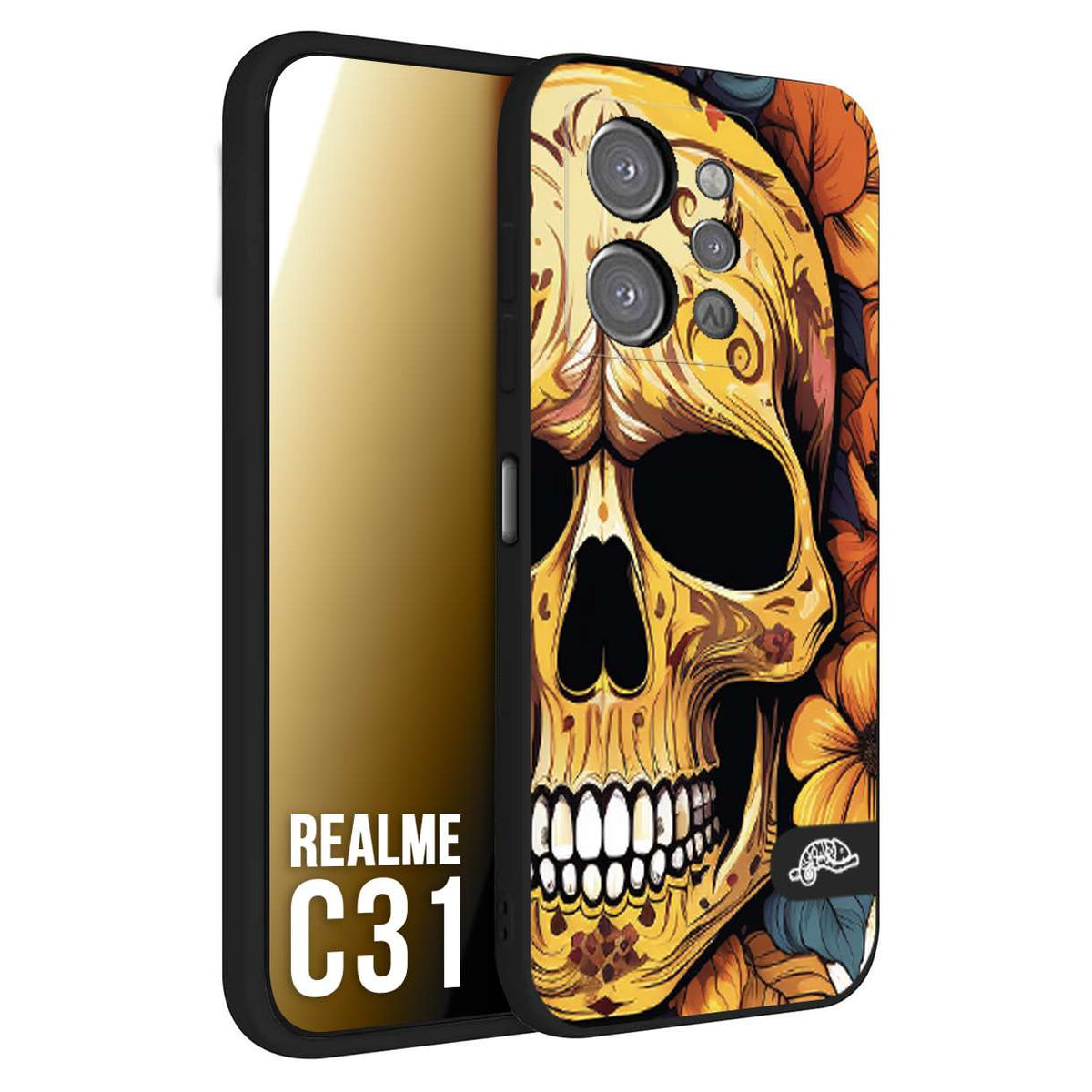 CUSTOMIZZA - Custodia cover nera morbida in tpu compatibile per Realme C31 teschio messicano colorato dorato fiori autunnali disegnato