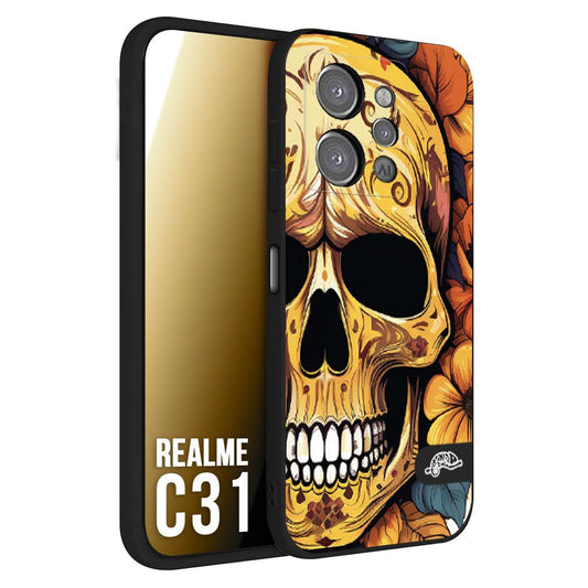 CUSTOMIZZA - Custodia cover nera morbida in tpu compatibile per Realme C31 teschio messicano colorato dorato fiori autunnali disegnato