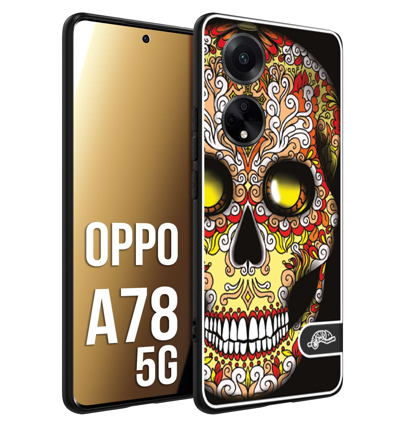 CUSTOMIZZA - Custodia cover nera morbida in tpu compatibile per Oppo A78 5G teschio messicano Mexican skull giallo rosso arancio