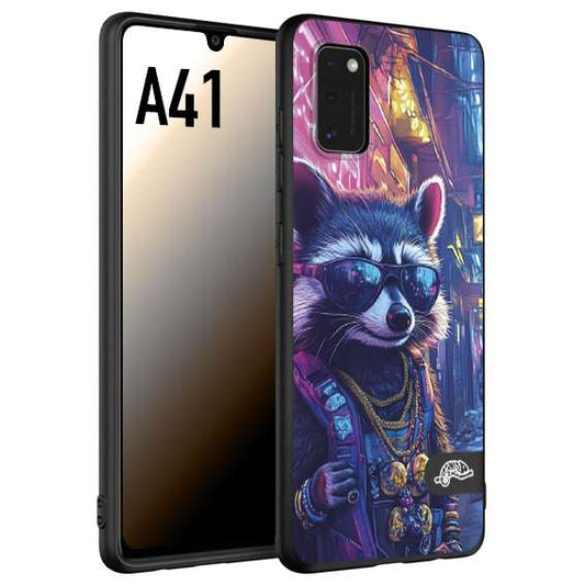 CUSTOMIZZA - Custodia cover nera morbida in tpu compatibile per Samsung A41 animali simpatici cyberpunk procione racoon street cat fucsia blu giallo