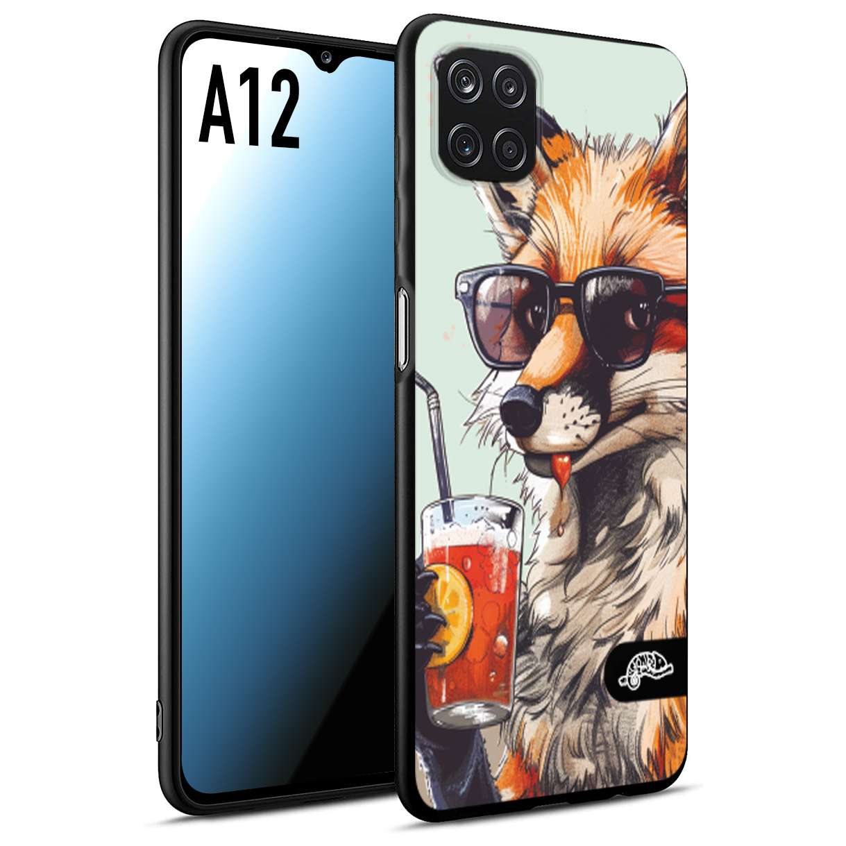 CUSTOMIZZA - Custodia cover nera morbida in tpu compatibile per Samsung A12 estate disegnata cocktails animali simpatici fox volpe negroni