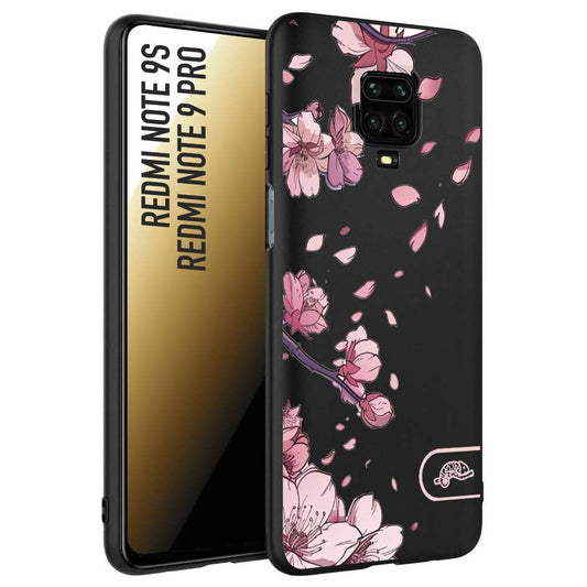 CUSTOMIZZA - Custodia cover nera morbida in tpu compatibile per Xiaomi Redmi Note 9S - Note 9 PRO giapponese fiori di ciliegio in fiore a rilievo disegnata tattoo